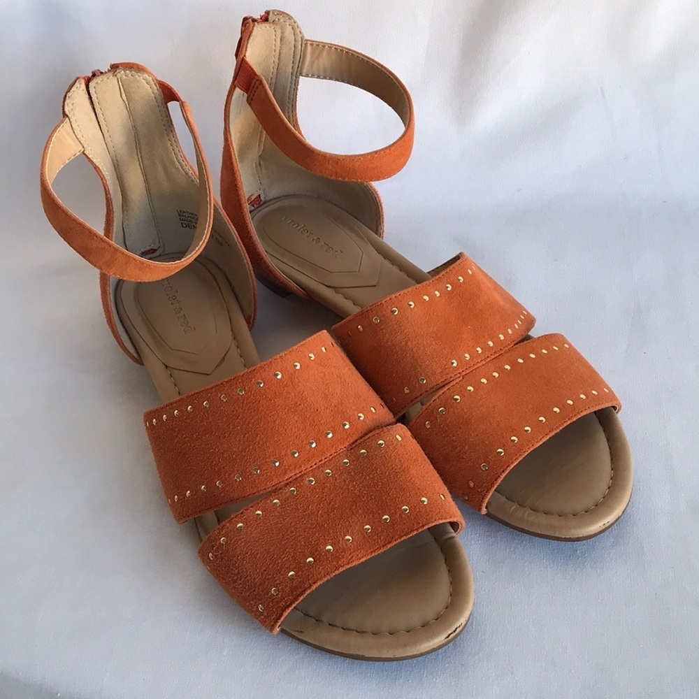 Violet & Red brand Denise orange suede sandals with gold-tone studs, size 7.5M